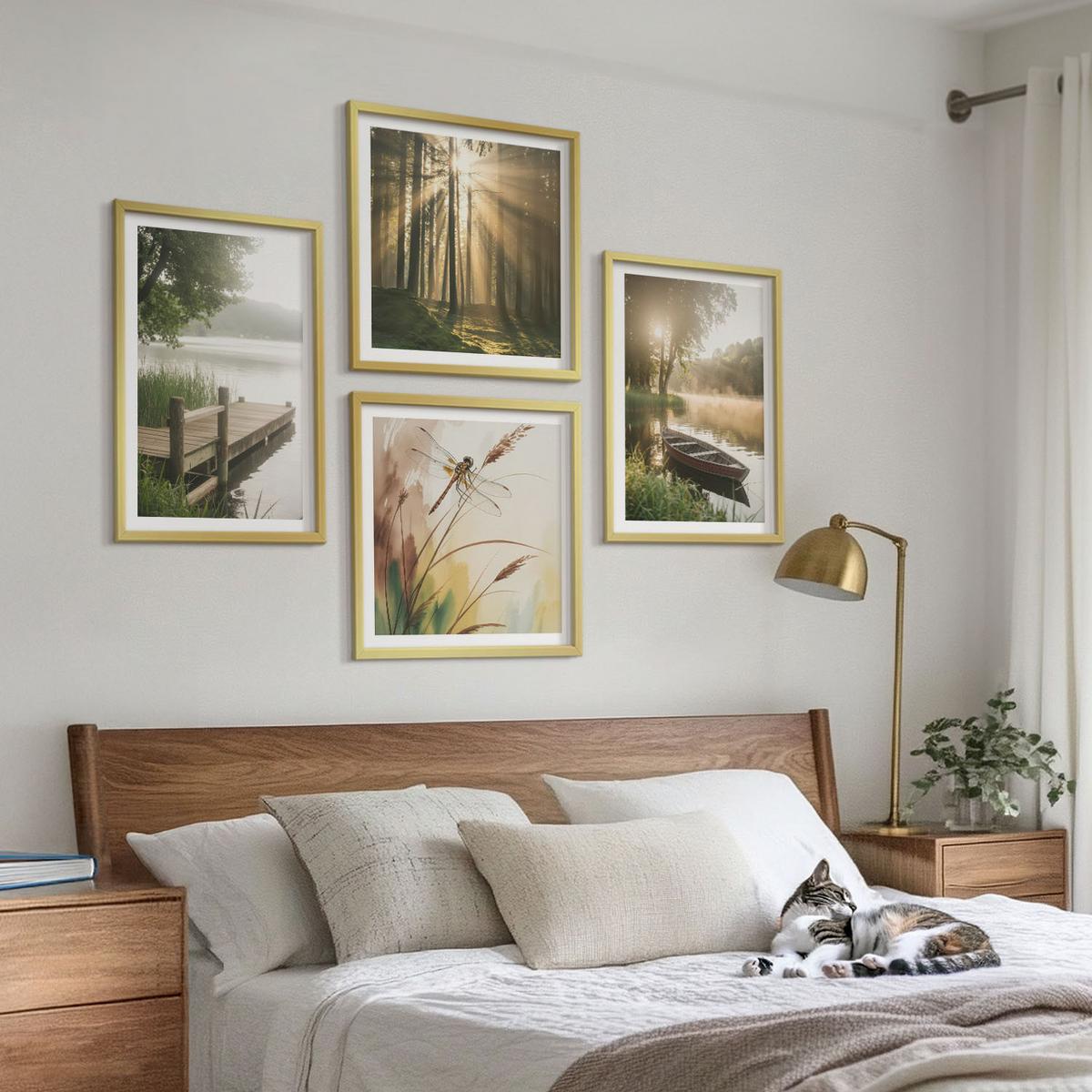 BILDER SET 4er Set - 50x50 cm & 40x60 cm Goldrahmen - See, Wald, Boot, Morgennebel - Goldfarben, Kunststoff (50/50cm) - TULUP