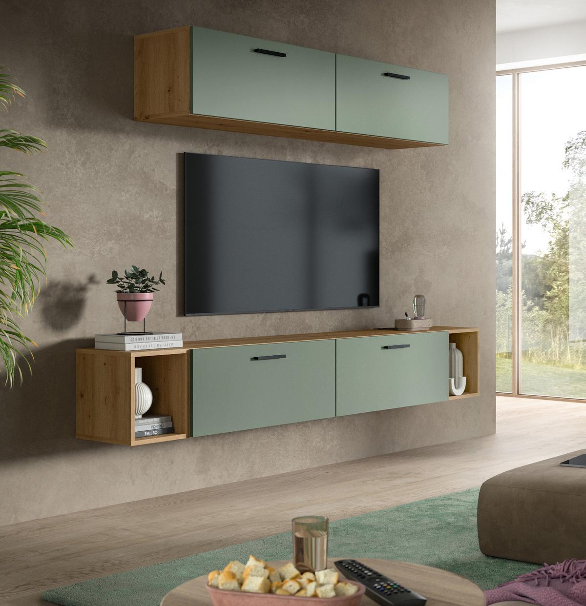 WOHNWAND grün, Eiche Artisan 202 cm, Schrankwand mit Soft-Close - Schwarz/Eiche Artisan, Holzwerkstoff/Kunststoff (202/184/34cm) - Inn.Furn