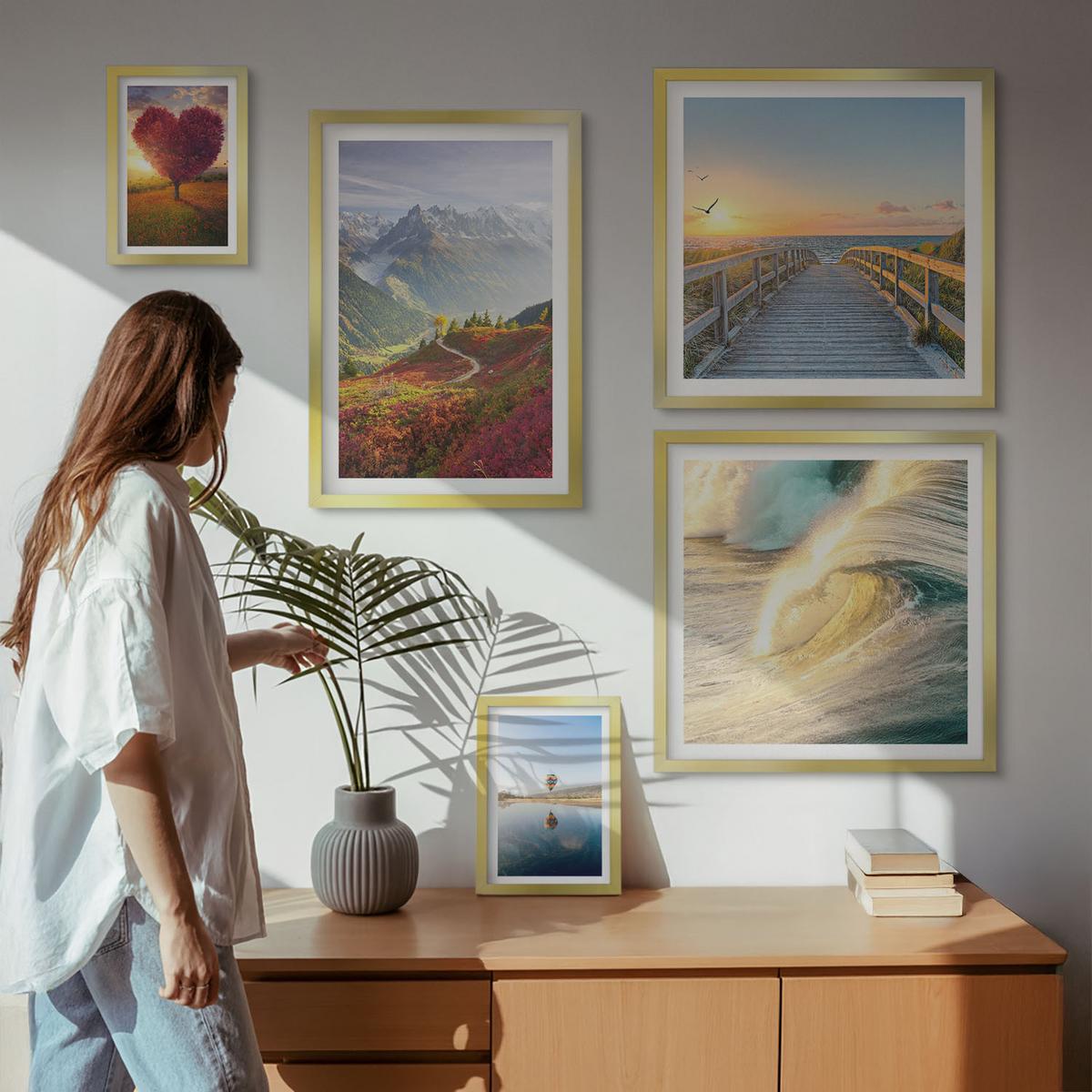 BILDER SET 5er Set - 50x50 cm & 20x30 cm & 40x60 cm Goldrahmen - Landschaften Berge Wellen Baum Herz Pier - Goldfarben, Kunststoff (40/60cm) - TULUP