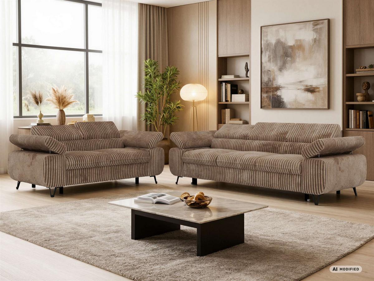 SITZGARNITUR PETERS 2+3 - Braun Cord - Schwarz/Braun, Textil/Metall (262/76/99cm) - MKS