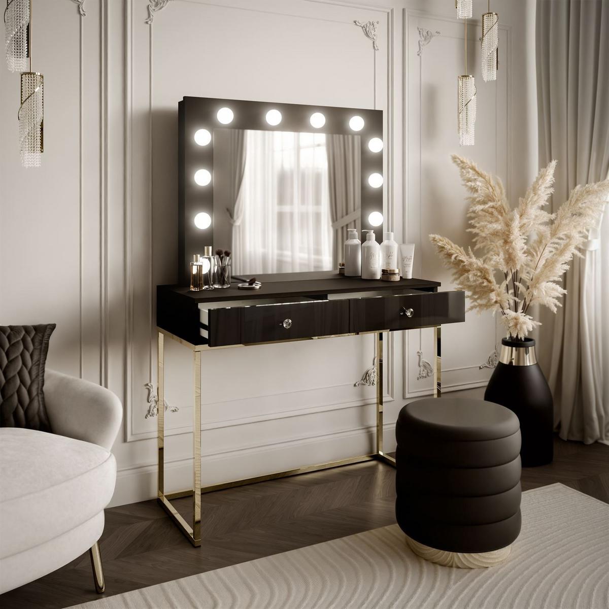 SCHMINKTISCH BLANCO mit Spiegel und Beleuchtung Gold Chrom Schwarz Hochglanz Kristallgriff - Schwarz Hochglanz/Goldfarben, Holzwerkstoff (100/146/42cm) - Lookway