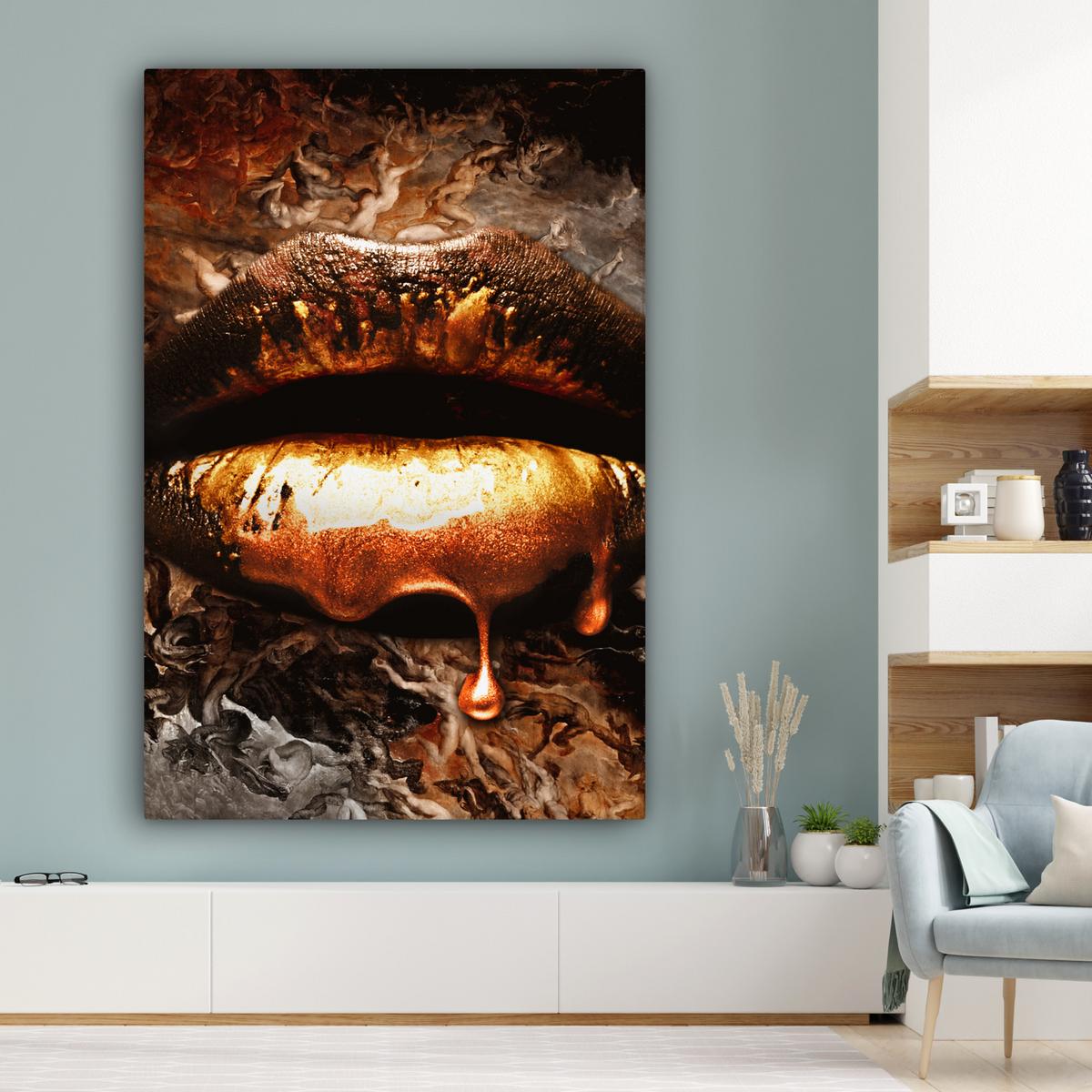 LEINWANDBILD Gold - Lippen - Kunst - Gold - Luxus - Abstrakt Deko Groß 90x140 cm - Kupferfarben, Textil (90/140cm) - MuchoWow
