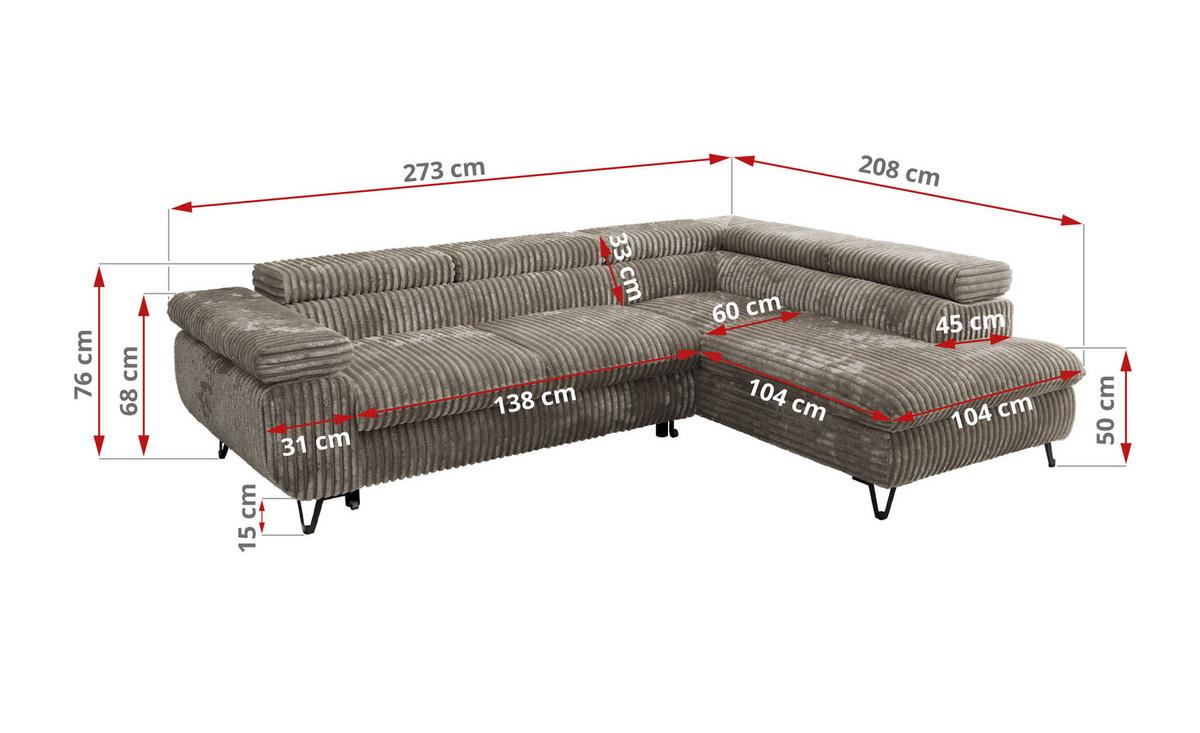 ECKSOFA PABLO L Grau Cord - Rechts Seite - Schwarz/Grau, Textil/Metall (273/208cm) - MKS