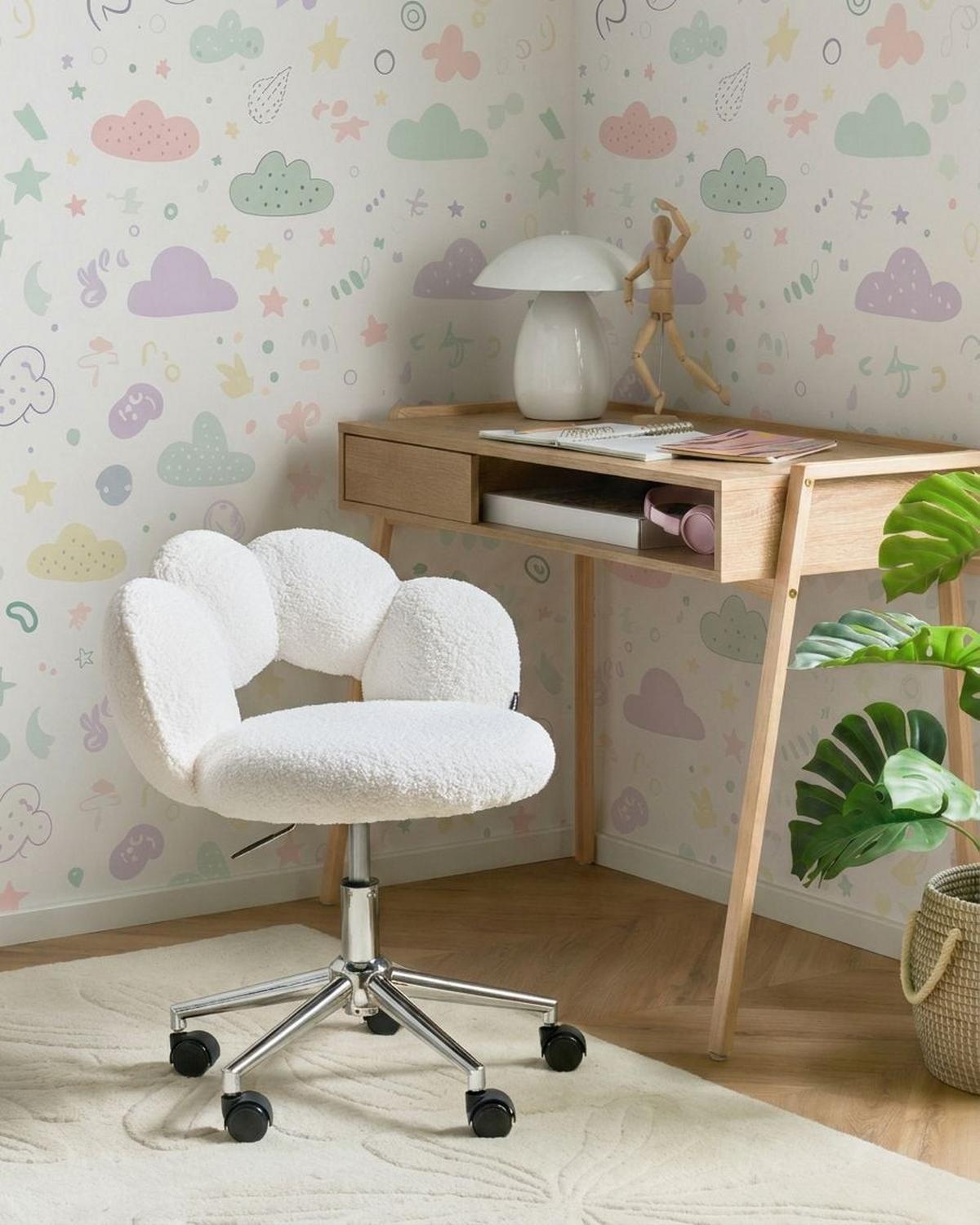 SCHREIBTISCHSTUHL Bouclé Weiß Whizzy - Weiß, Textil (59/64/50cm) - Beliani