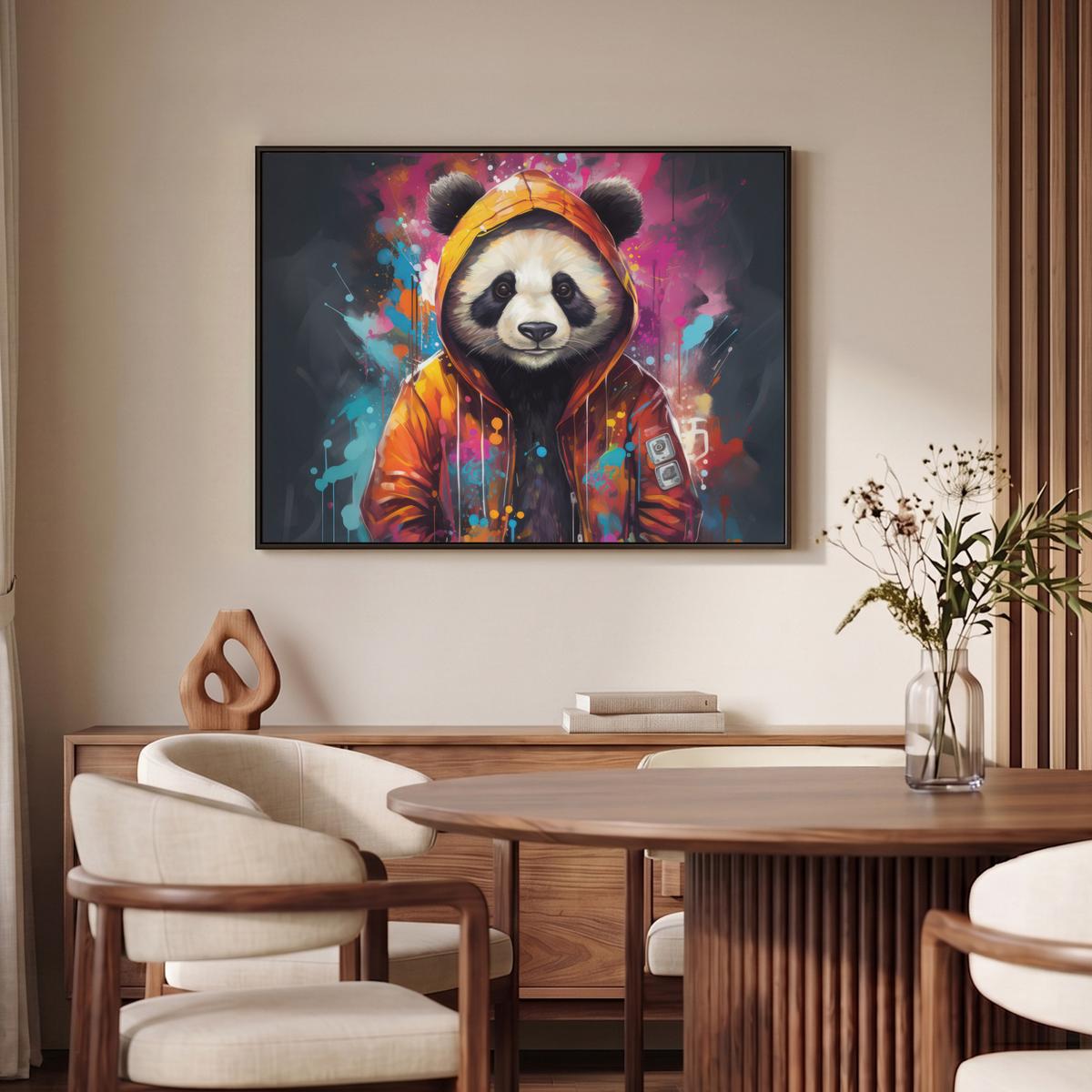 LEINWAND Bilder mit Rahmen - Panda - Jacke - Graffiti - Orange - 100x70 - Orange, Textil (100/70cm) - MuchoWow