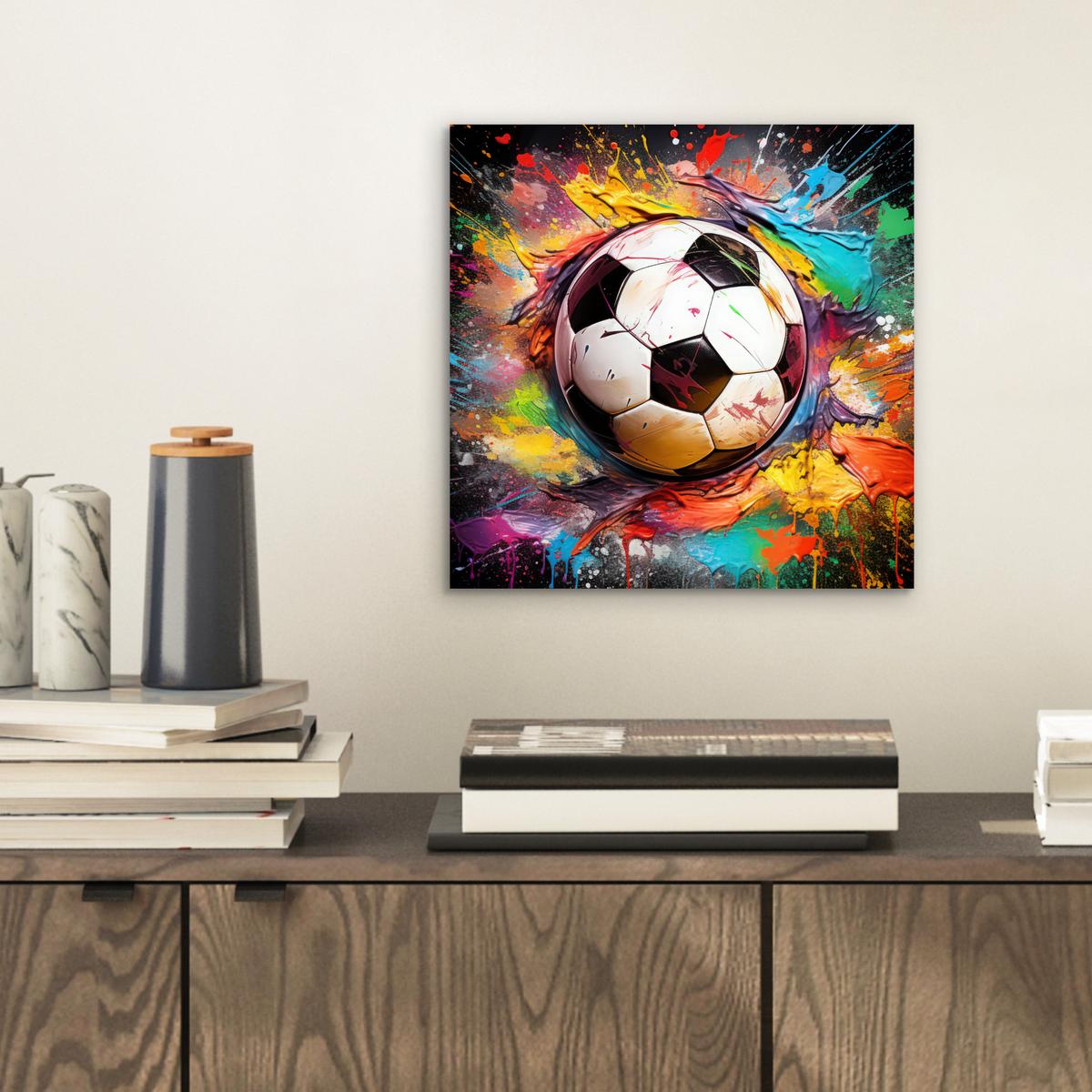 METALLBILD Fußball - Farbe - Farben - Schwarz - Weiß 20x20 cm - Weiß, Metall (20/20cm) - MuchoWow