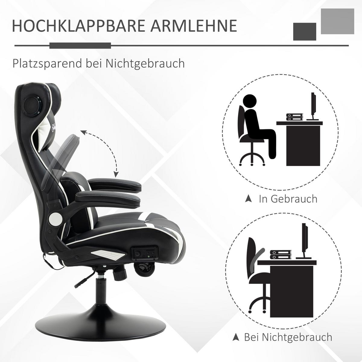 GAMINGSESSEL mit Wippfunktion Gaming Stuhl mit Lautsprecher Bürostuhl PU - Schwarz/Weiß, Leder (73/118/69cm) - Vinsetto