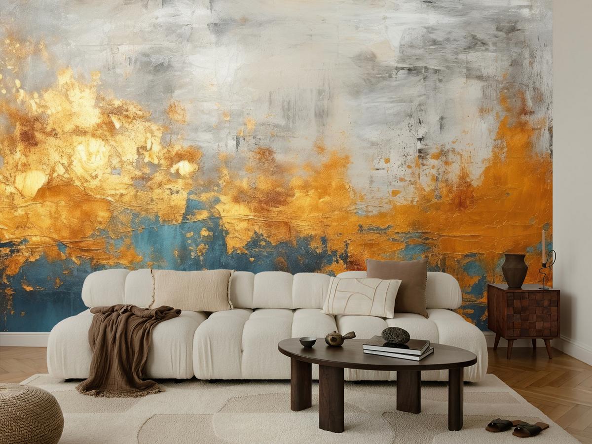 FOTOTAPETE für Badezimmer Abstrakter Beton Gold Mauer 400x280 - Türkis/Goldfarben, Papier (400/280cm) - Muralo