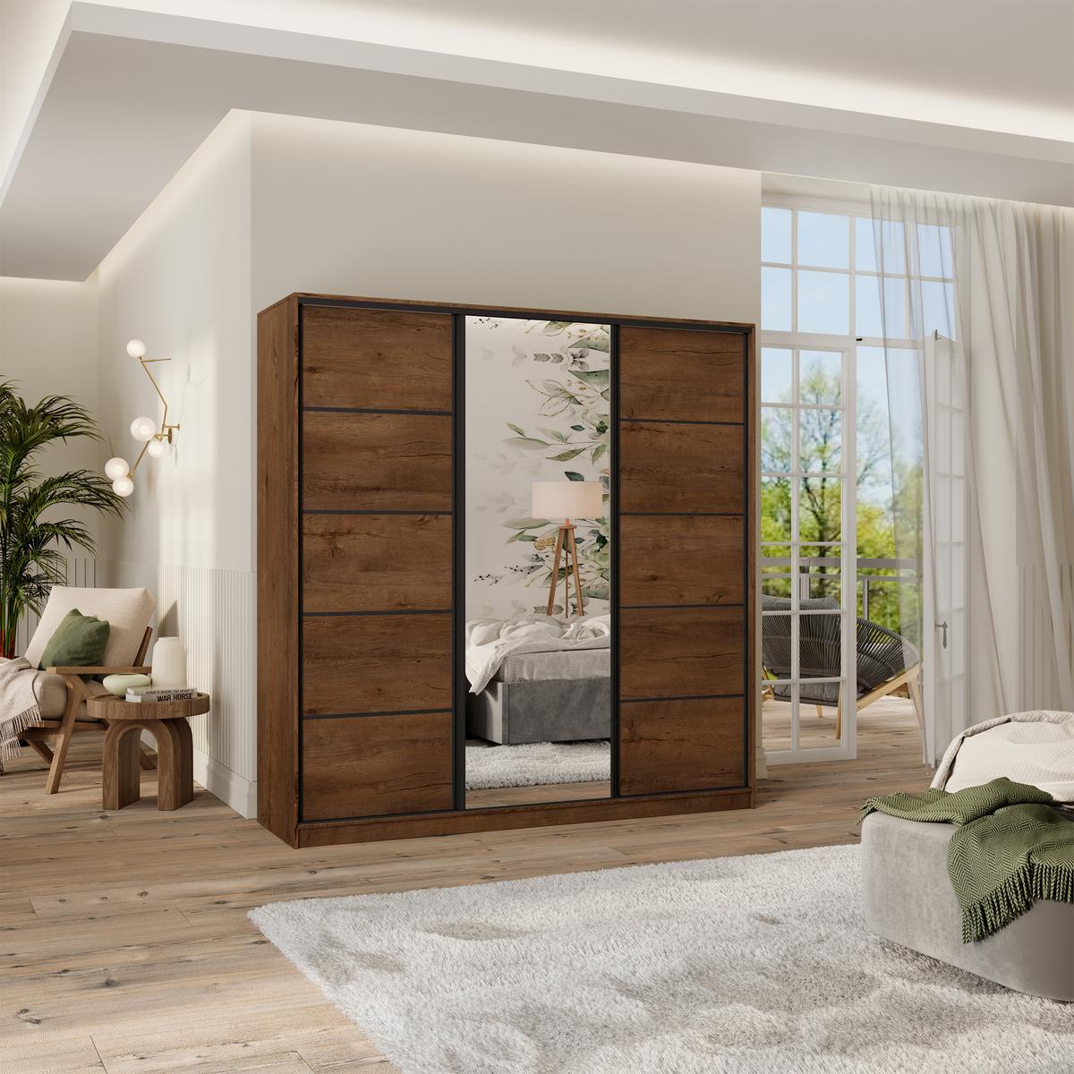 SCHWEBETÜRENSCHRANK PINA 180/205/58 cm 3-türig mit Spiegel und Schubladen Eiche Lefkas - Eichefarben/Schwarz, Holzwerkstoff (180/205/58cm) - MASSENO