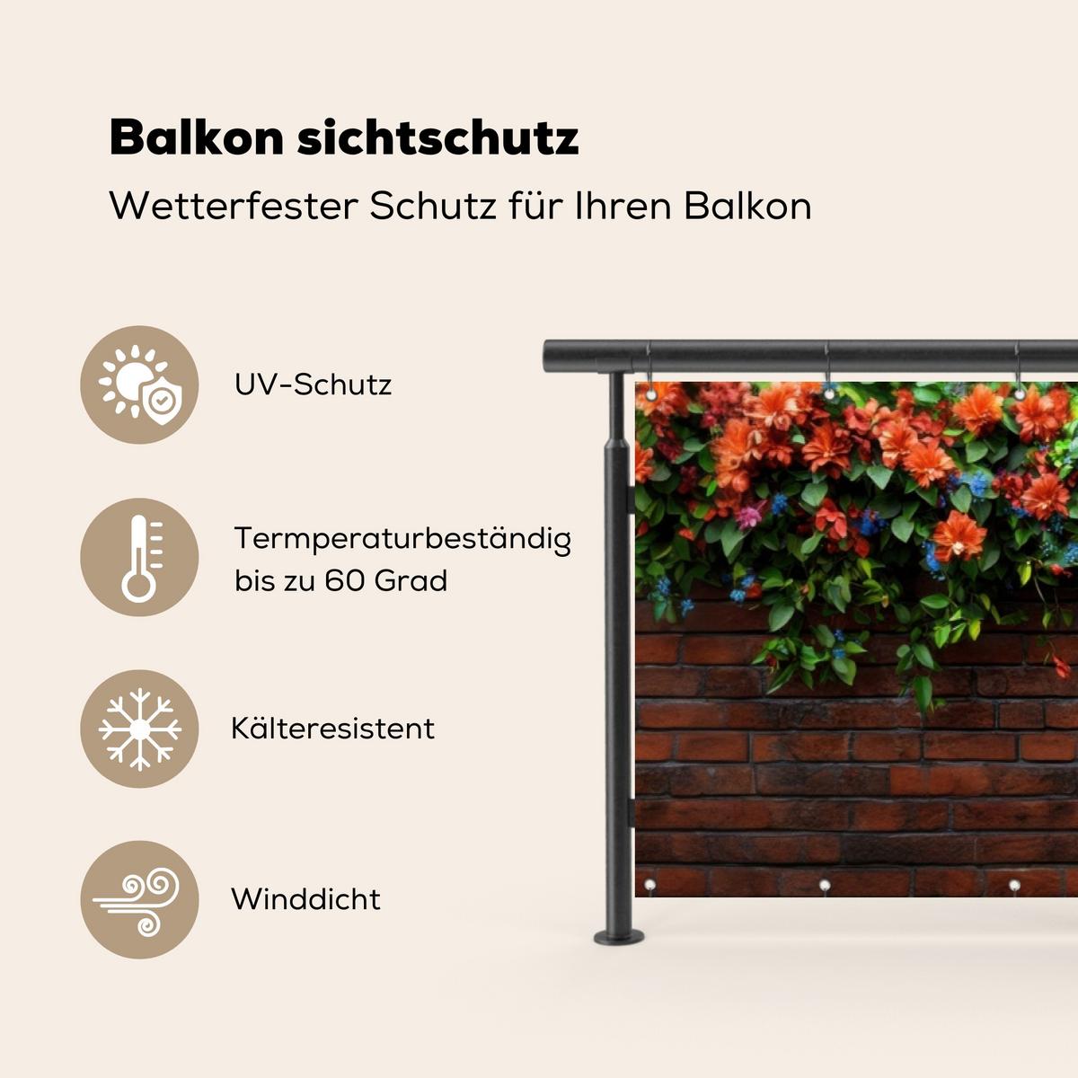 BALKON-SICHTSCHUTZ Blumen - Wand - Grün - Orange Windschutz 300x85 cm - Rotbraun, Kunststoff (300/85cm) - MuchoWow