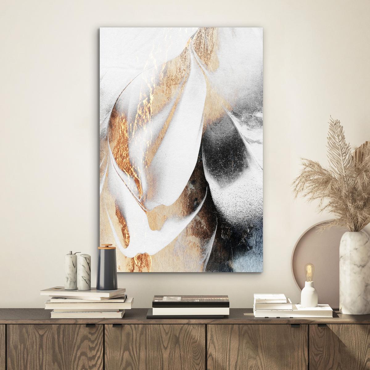 METALLBILD Luxus - Abstrakt - Gold - Weiß Deko Schlafzimmer 40x60 cm - Goldfarben, Metall (40/60cm) - MuchoWow