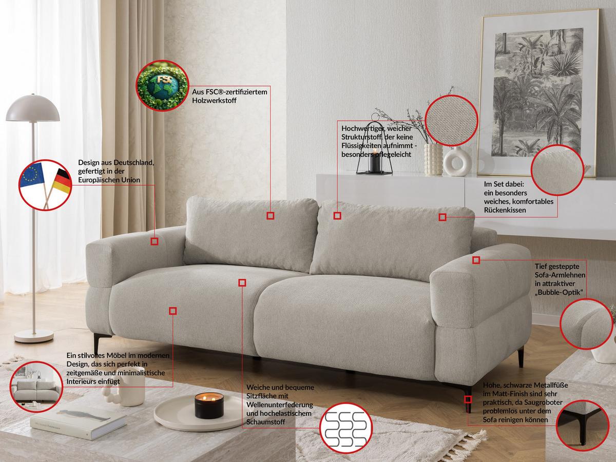 3-SITZER-SOFA Cardea in Bubble-Optik aus weichem Taupe Strukturstoff mit hohem Sitzkomfort - Taupe/Schwarz, Holz/Textil (217/80/97cm) - S-Style Möbel