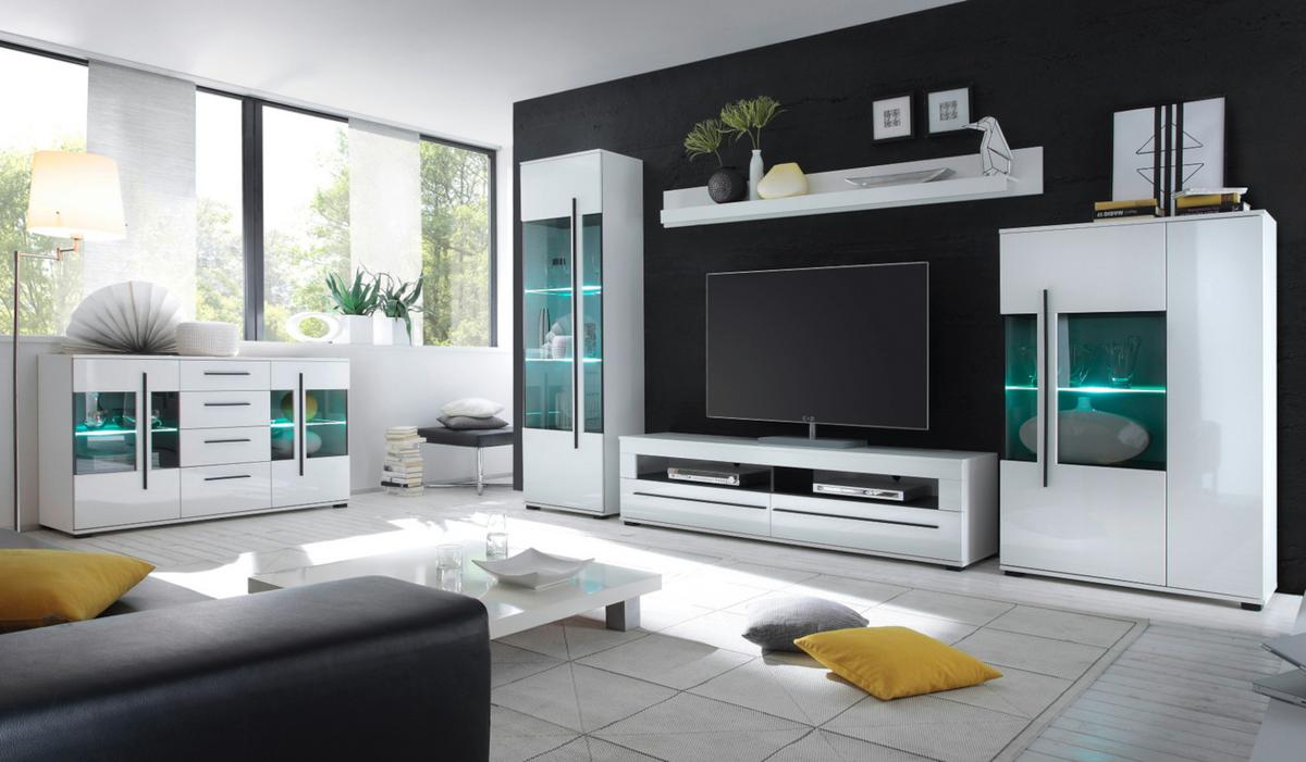VITRINE weiß Hochglanz 60 x 200 cm, Vitrinenschrank mit 5 Fächern - Weiß Hochglanz/Schwarz, Glas/Holzwerkstoff (60/200/37cm) - Furn.Design