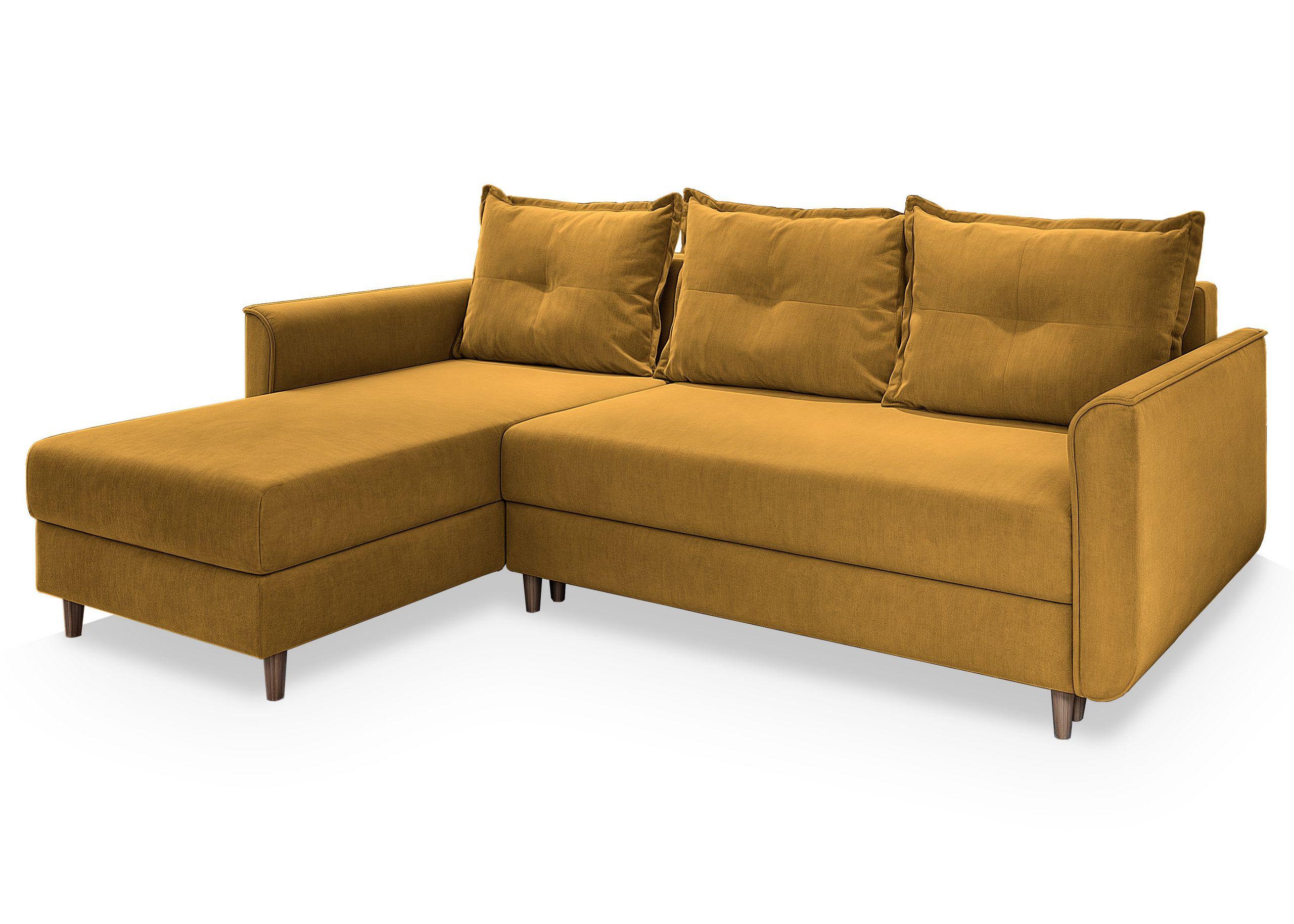 ECKSOFA PISAN R-S Gelb Plüsch-Stoff mit Schlaffunktion - Gelb/Braun, Holz/Textil (220/140cm) - MASSENO