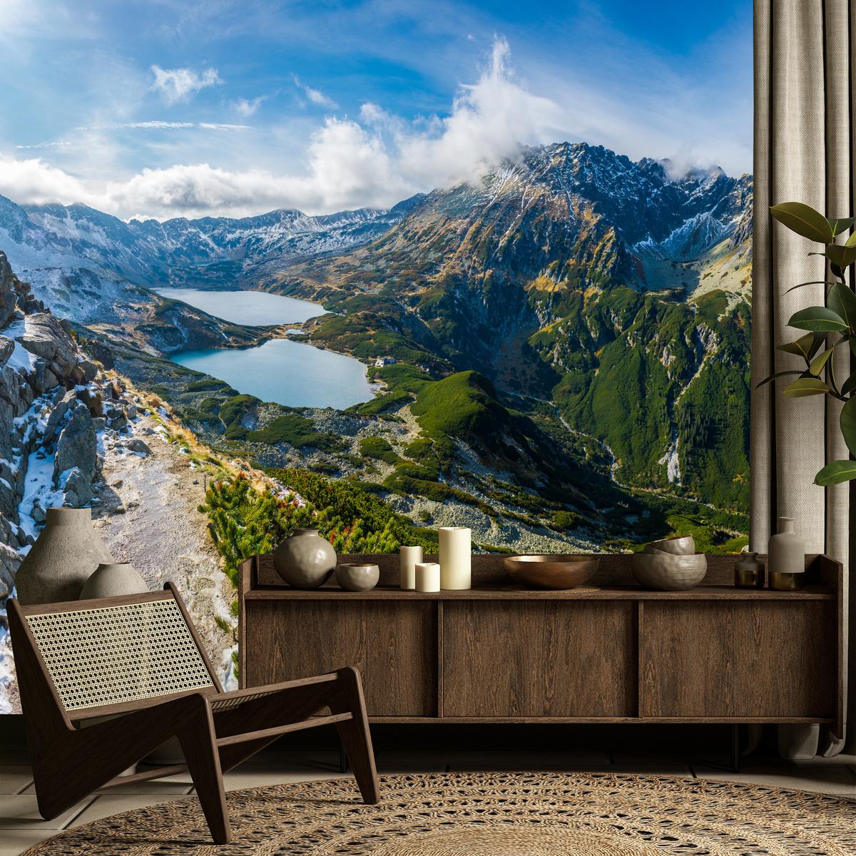 FOTOTAPETE für Wohnzimmer Tal der Fünf Polnischen Seen Gebirge 200x140 - Blau/Gelb, Papier (200/140cm) - Muralo