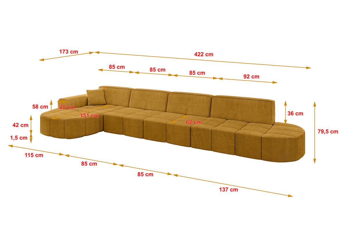 ECKSOFA Ottomane Links LIVO-L3 - 422x173x79,5 cm Senfgelb - Currygelb/Gelb, Holzwerkstoff/Textil (422/173cm) - ALTDECOR
