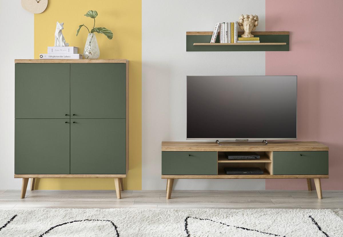 WOHNWAND 3-teilig salbei grün, Eiche Evoke, skandinavisch 277 cm, Schrankwand mit Highboard - Salbeigrün/Eichefarben, Eichenholz/Holz (277/160/40cm) - Furn.Design