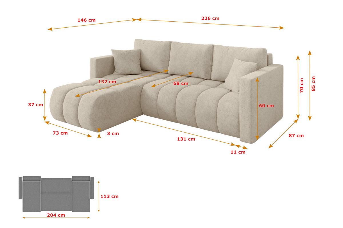 ECKSOFA mit Schlaffunktion Ottomane Links GARD-L 226x146x85 Creme Velours - Creme/Schwarz, Holzwerkstoff/Kunststoff (226/146cm) - ALTDECOR