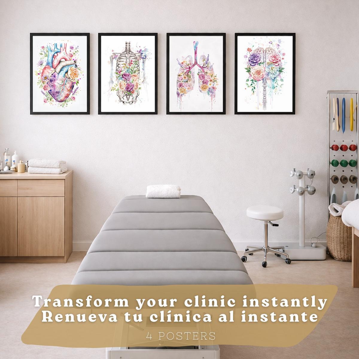 POSTER Set aus 4 Anatomie Mensch Drucke und mit Herz Gehirn Lungen Luftröhre Bronchien Wirbelsäule Florales Aquarell Design Größe Schwarzer Rahmen A4 - Schwarz, Papier (21/29.7/3cm) - Nacnic