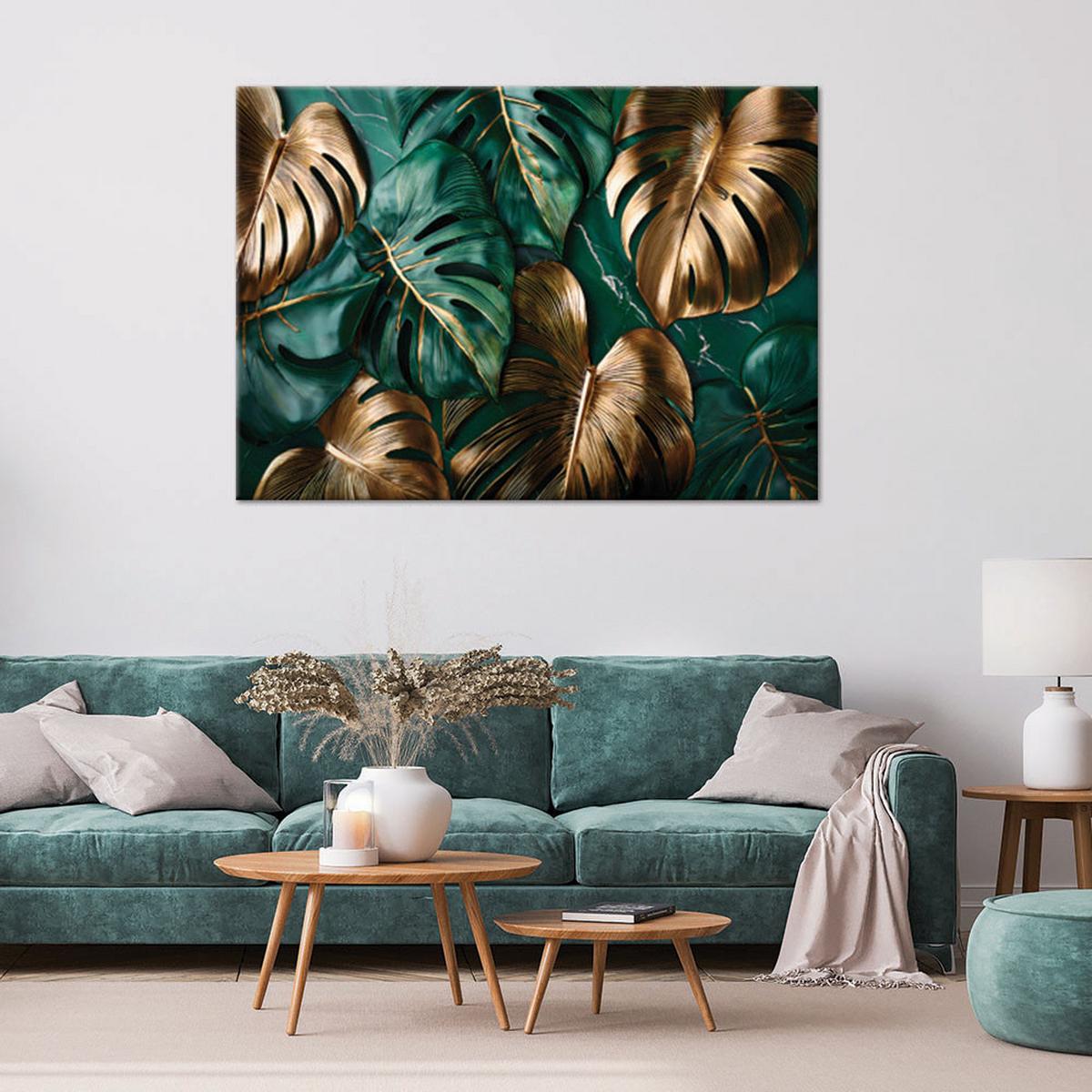 LEINWANDBILD Goldgrüne Monstera-Blätter 100x70cm - Grün, Textil (100/70cm) - Feeby