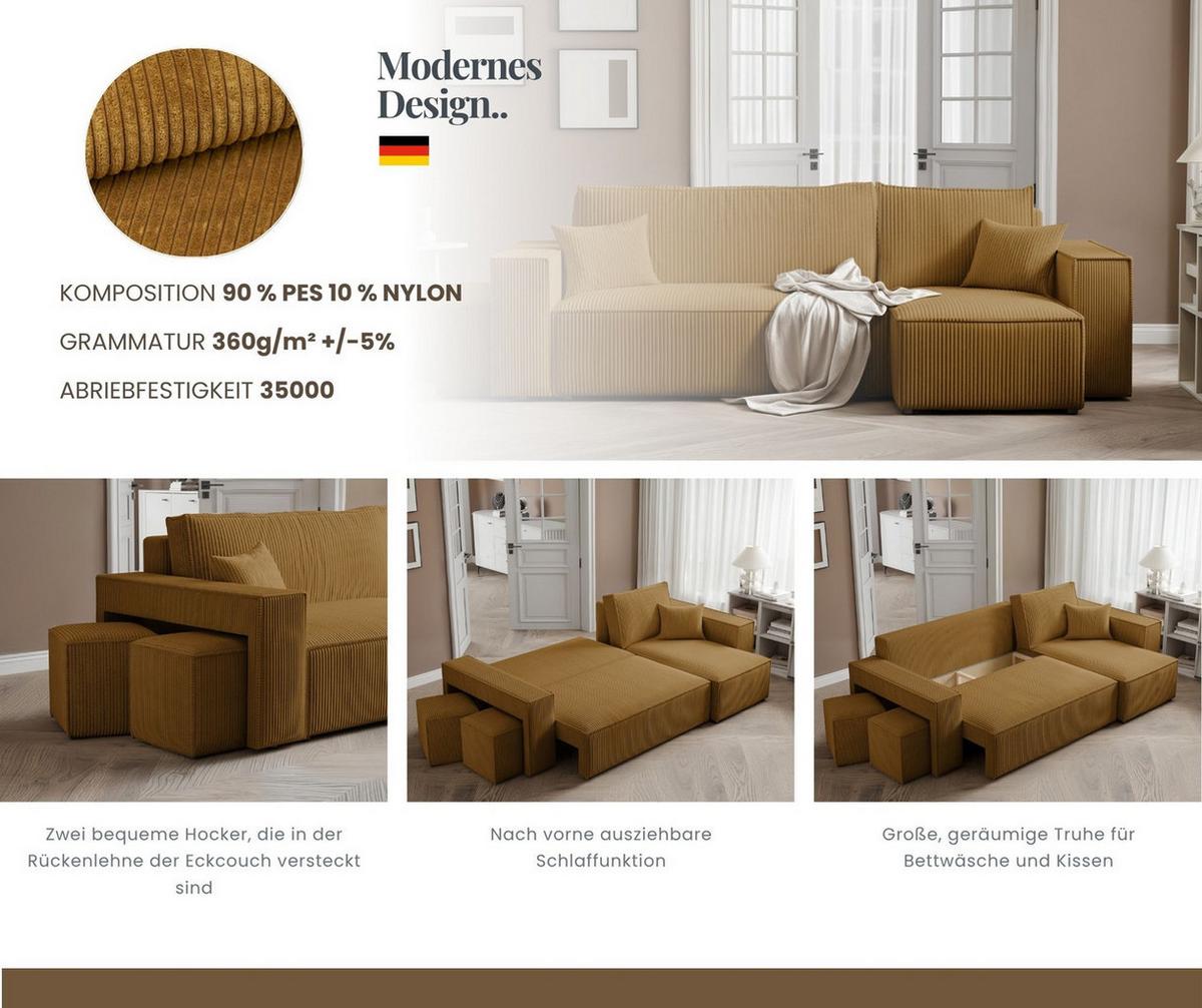 ECKSOFA PARIS mit Schlaffunktion und Bettkasten Senfgelb - Currygelb, Kunststoff/Textil (262/145cm) - Idohome