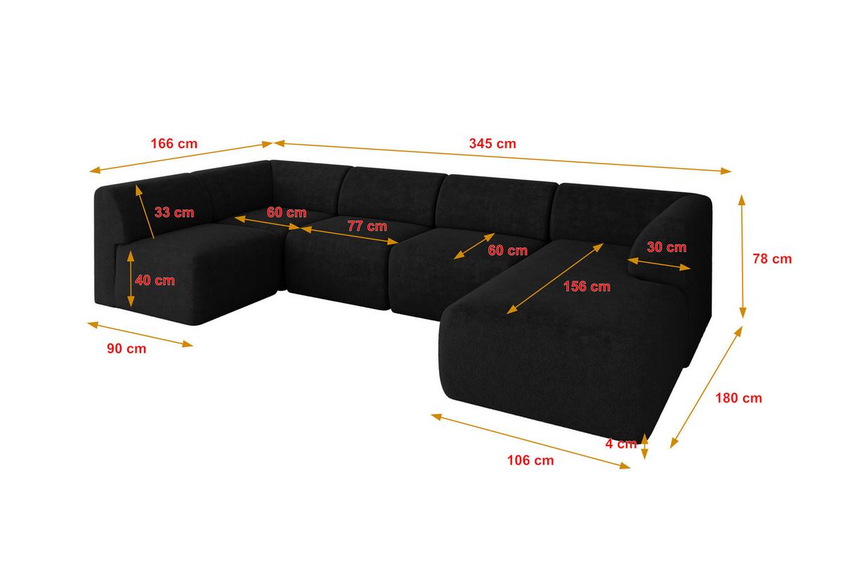 WOHNLANDSCHAFT Ottomane Rechts MOVO-L 345x180x78 cm Schwarz Tissu - Schwarz Hochglanz, Holzwerkstoff/Kunststoff (180/78/345cm) - ALTDECOR