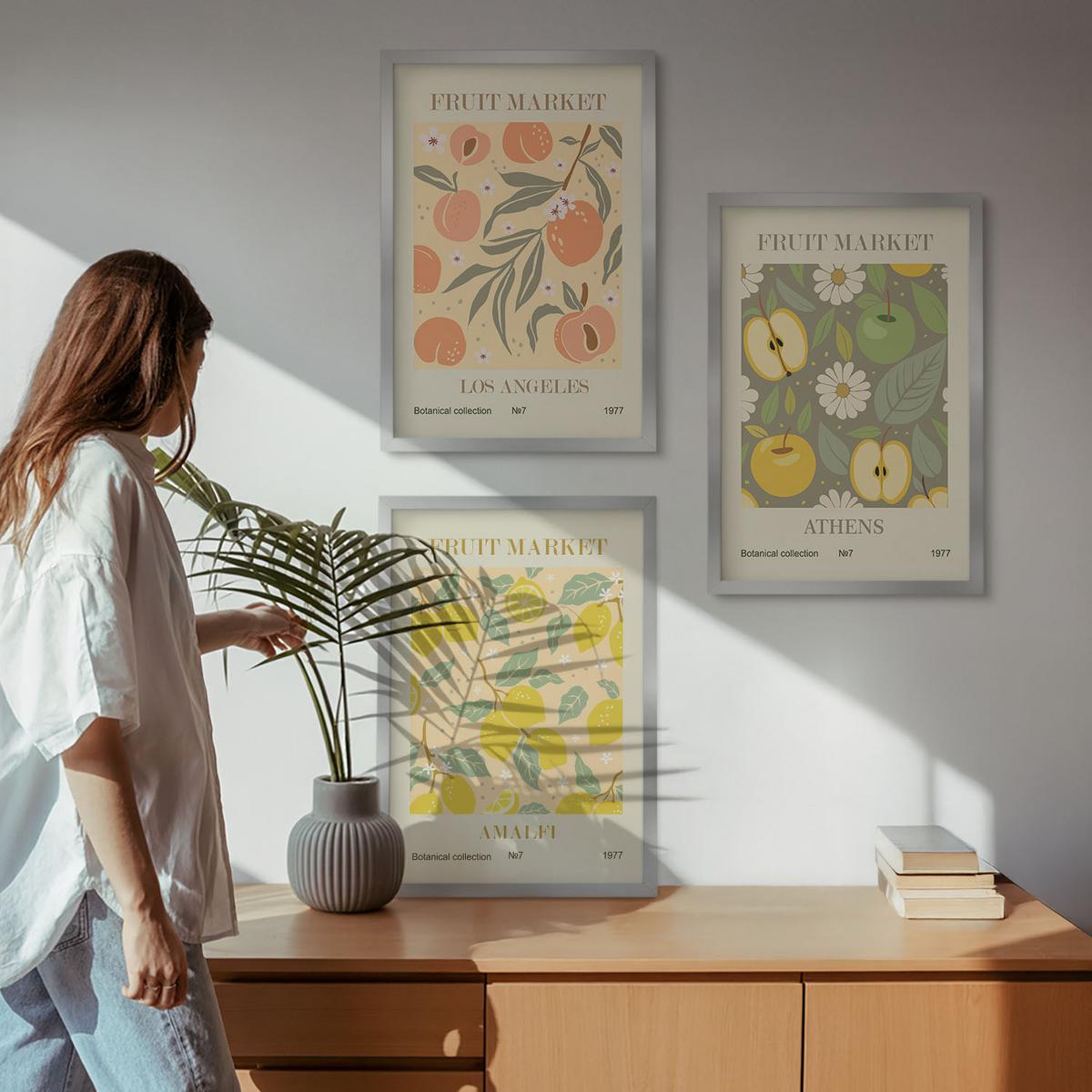 BILDER SET 3er Set - 40x60 cm Silberner Rahmen - Retro-Poster mit Fruchtmustern - Silberfarben, Kunststoff (40/60cm) - TULUP