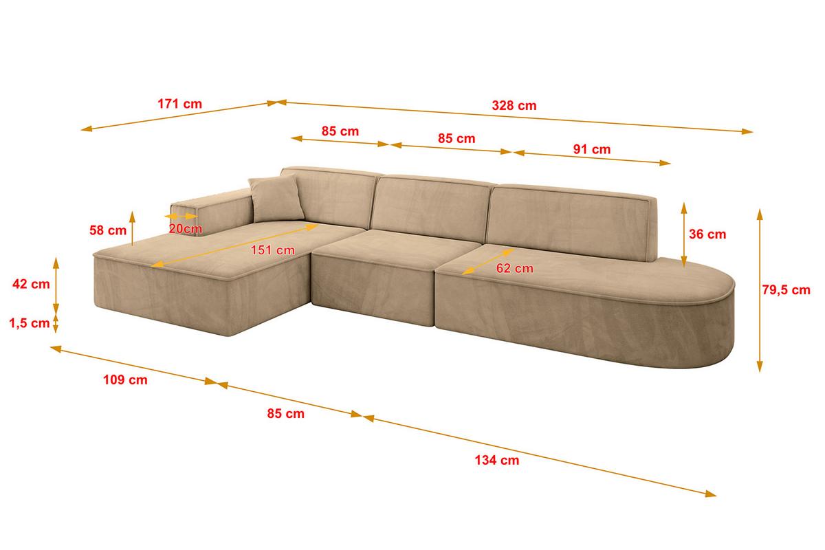 ECKSOFA Ottomane Links IREA-L2-v4 - 328x171x79 cm Beige - Beige, Holzwerkstoff/Textil (328/171cm) - ALTDECOR