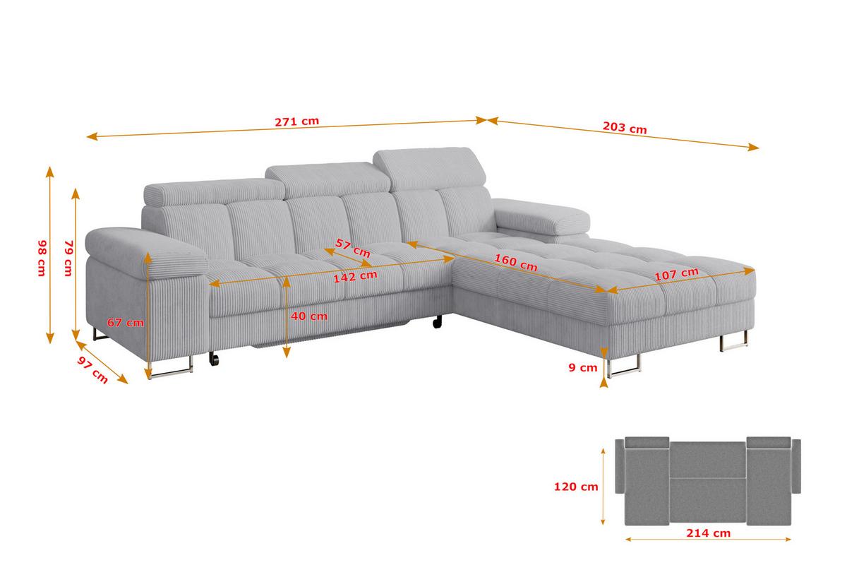 ECKSOFA mit Schlaffunktion Ottomane Rechts COMA L 271x203x79 Grau Cord - Anthrazit, Holzwerkstoff/Textil (203/271cm) - ALTDECOR