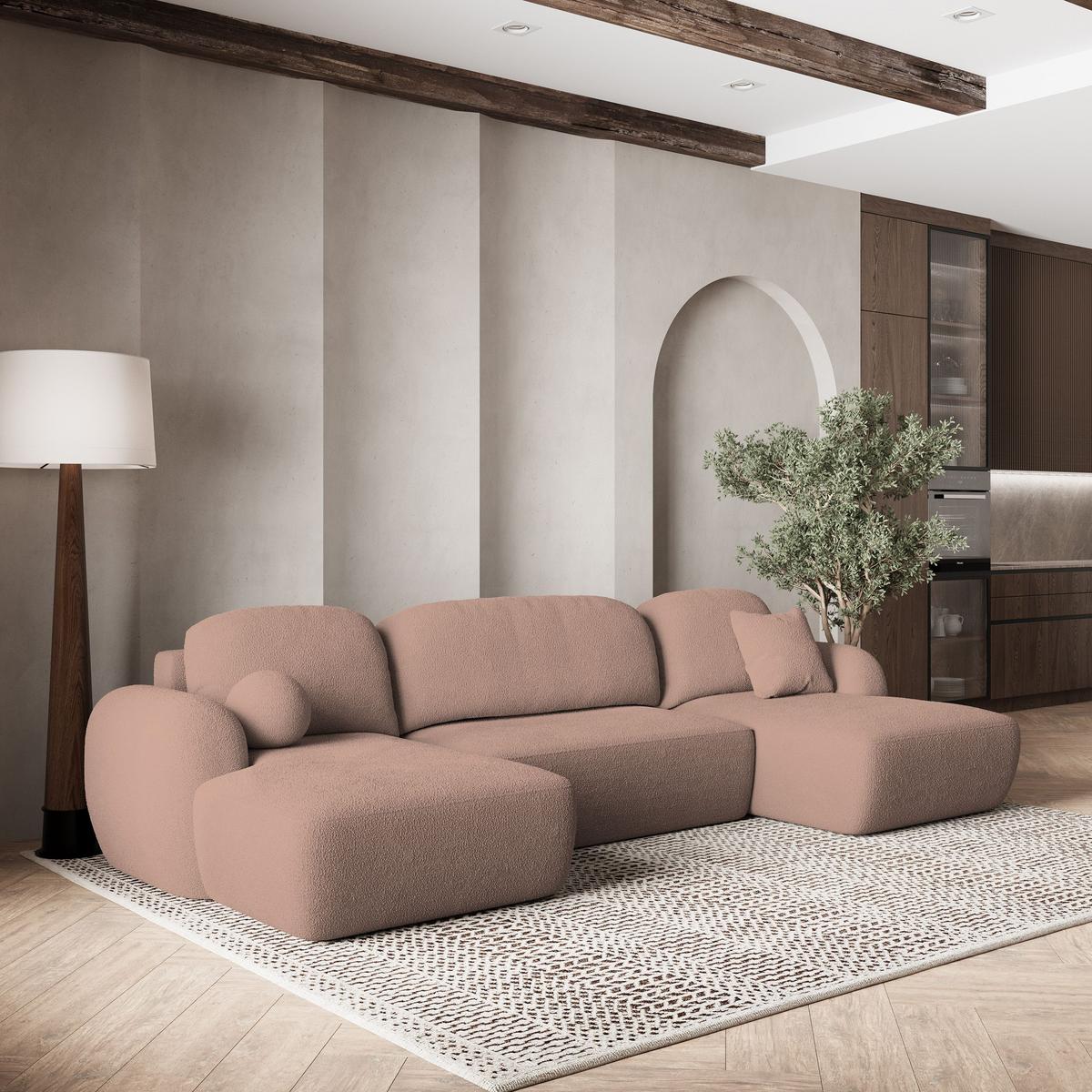 WOHNLANDSCHAFT SAVONA N Rosa Boucle-Stoff mit Schlaffunktion - Schwarz/Rosa, Holz/Kunststoff (320/90/148cm) - MASSENO