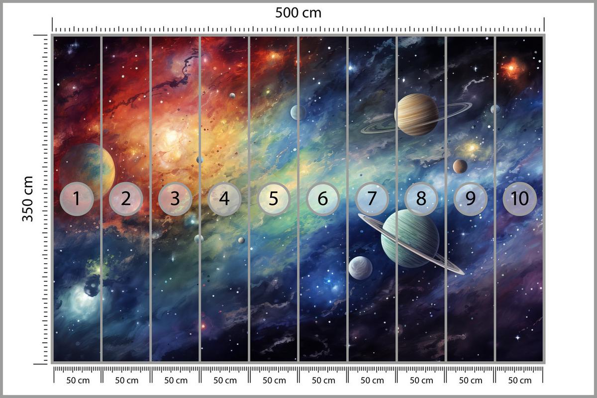 FOTOTAPETE für Jugendzimmer Aquarell Galaxie Planeten Sterne 500x350 - Blau/Gelb, Papier (500/350cm) - Muralo