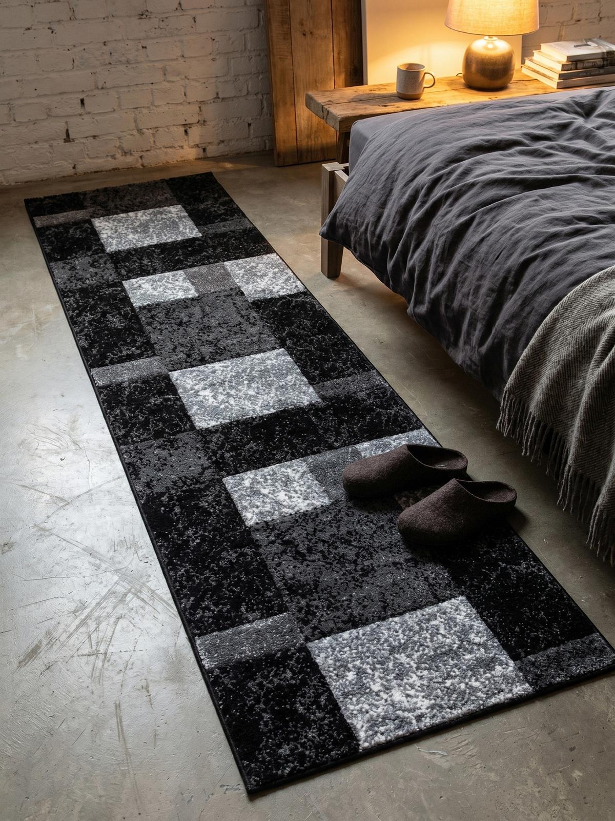 KURZFLORTEPPICH LATEMAR, kariert, Schwarz, 80 x 300 cm - Schwarz, Textil (80/300cm) - KADIMA DESIGN