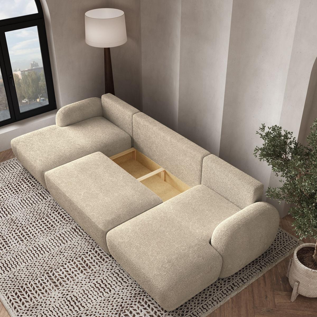 WOHNLANDSCHAFT SAVONA N Creme Boucle-Stoff mit Schlaffunktion - Creme/Schwarz, Holz/Kunststoff (320/90/148cm) - MASSENO