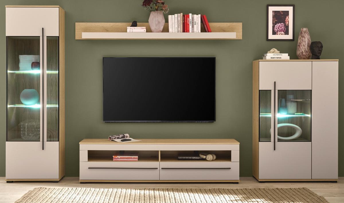 WOHNWAND Kaschmir, Eiche 4-teilig 350 cm, Wohnzimmer-Set mit Soft-Close - Kaschmir/Eichefarben, Glas/Holzwerkstoff (350/200/42cm) - Furn.Design