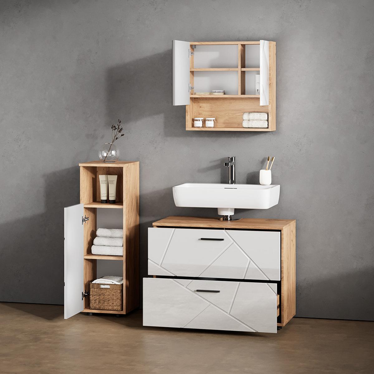 BADMÖBEL-SET Ronco Weiß Hochglanz/Goldkraft Eiche 3 Teile, mit Midischrank - Honigeiche/Weiß Hochglanz, Holzwerkstoff (54/55/41cm) - Livinity®