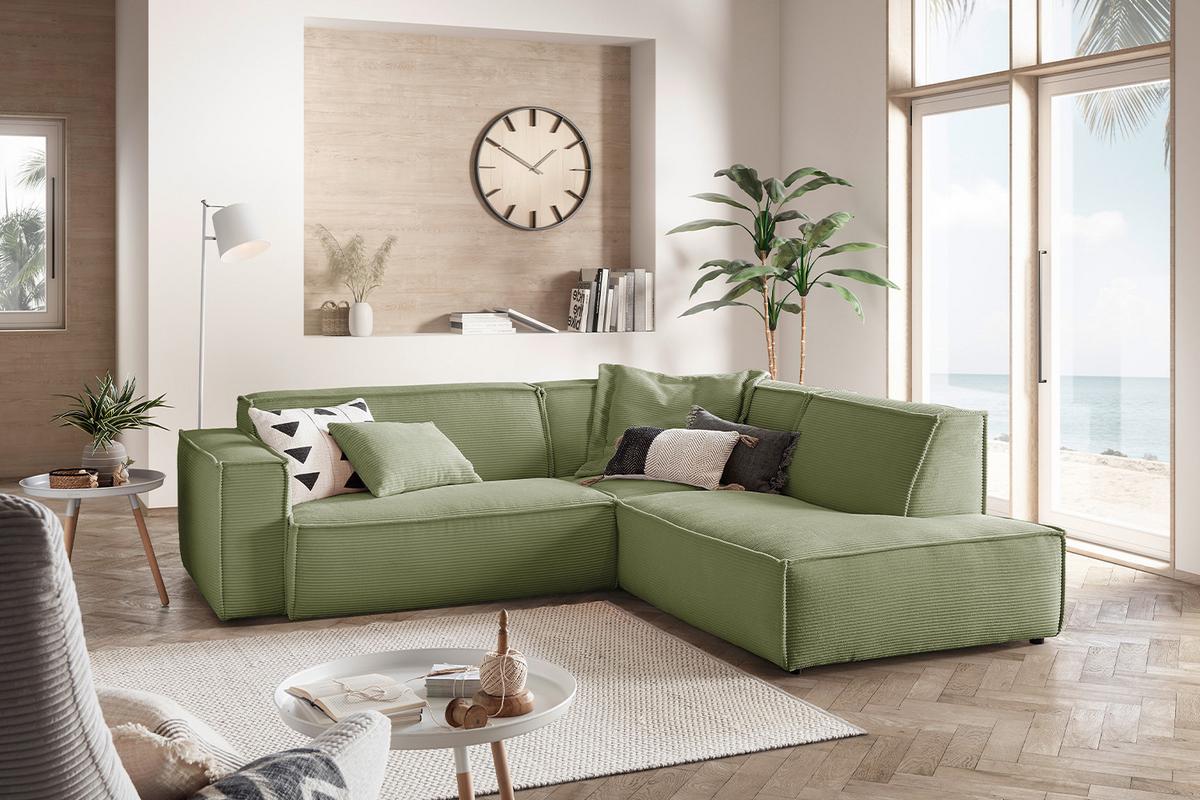 ECKSOFA SAMU Grün Cord - Schwarz/Olivgrün, Textil (254/224cm) - KAWOLA