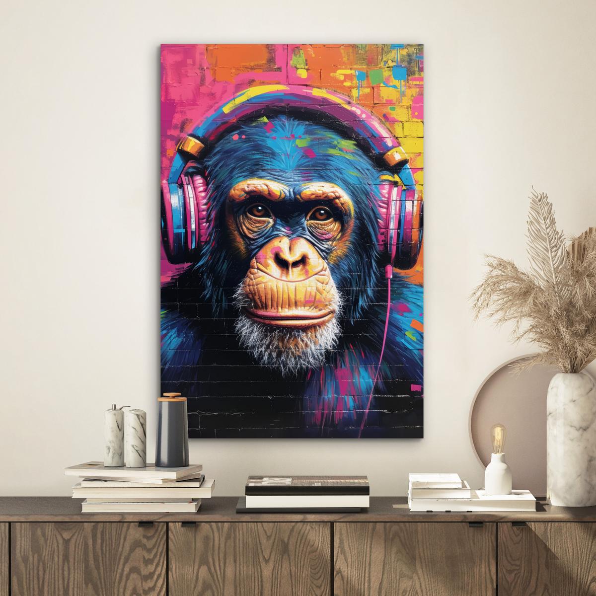 METALLBILD Graffiti - Schimpanse - Straßenkunst - Kopfhörer - Affe Deko Schlafzimmer 40x60 cm - Blau, Metall (40/60cm) - MuchoWow