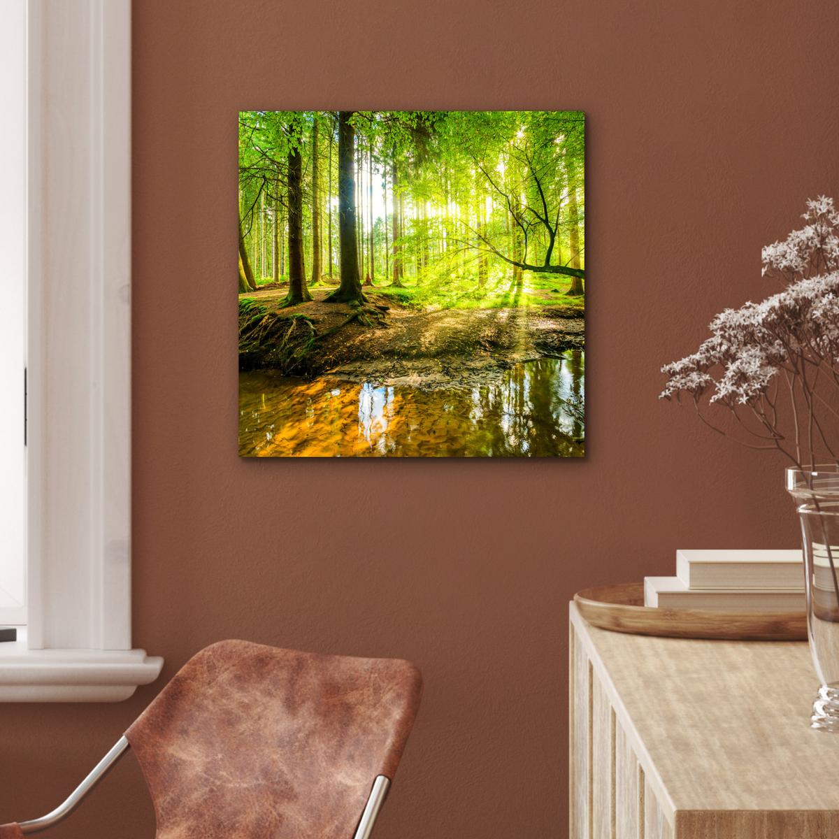 METALLBILD Wald - Landschaft - Wasser - Bäume - Sonne - Grün - Natur 50x50 cm - Grün, Metall (50/50cm) - MuchoWow