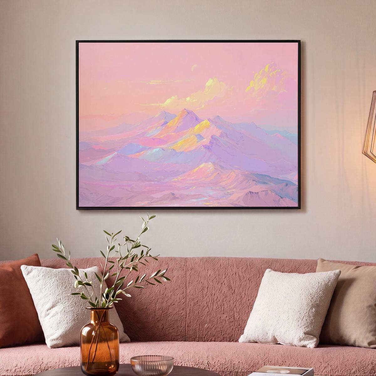 LEINWAND Bilder mit Rahmen - Berggipfel - Wolken - Verträumt - 100x70 - Hellrosa, Textil (100/70cm) - MuchoWow