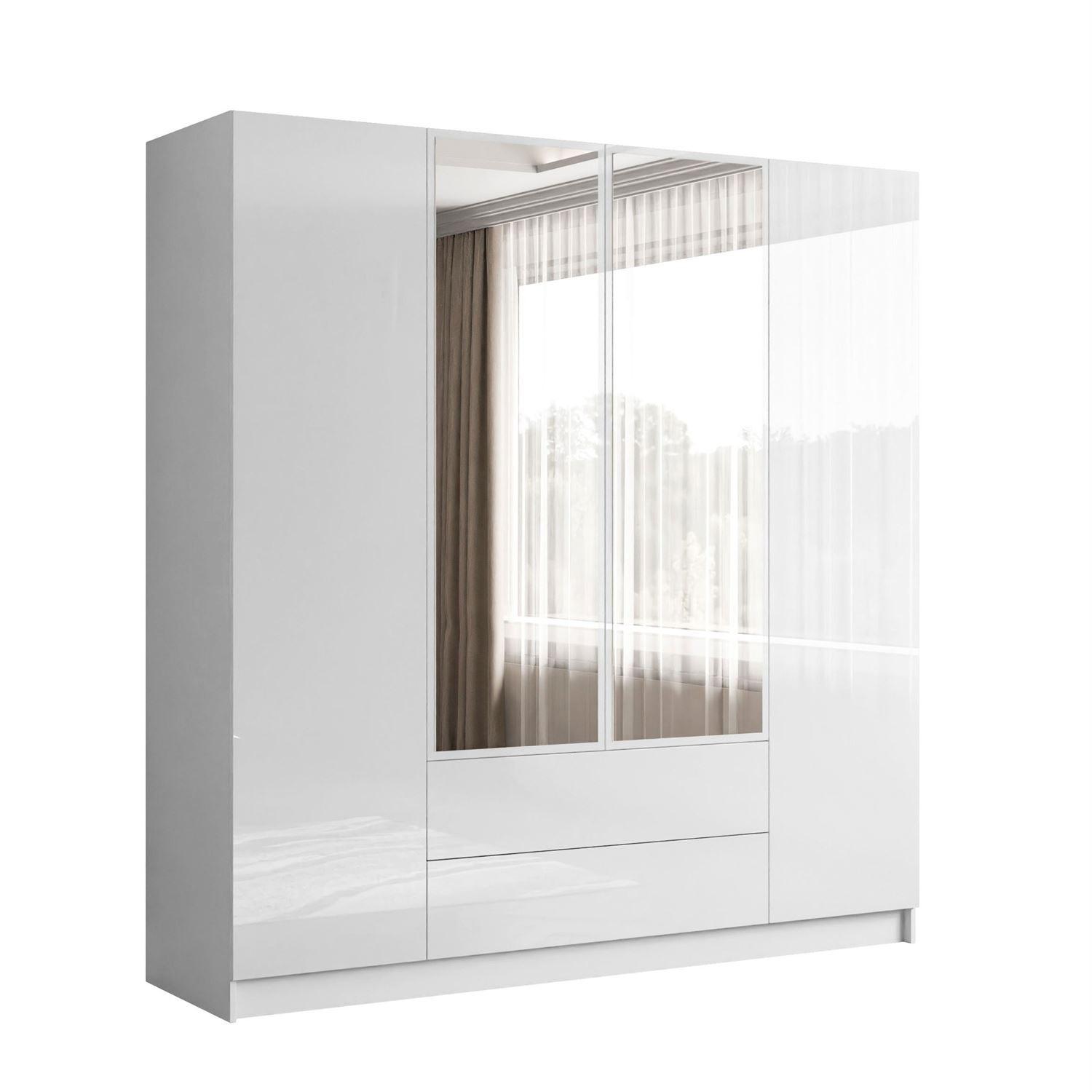 KLEIDERSCHRANK AUREL 4D2SZ mit Schubladen und Spiegel - Weiß Hochglanz, Holzwerkstoff (200/200/57cm) - Lookway