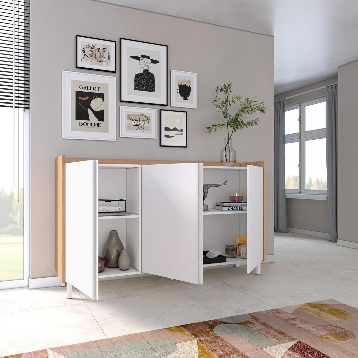 SIDEBOARD, Weiß und Eiche, 156/35/91cm, mit Beinen - Weiß, Holzwerkstoff (156/91/35cm) - Skraut Home