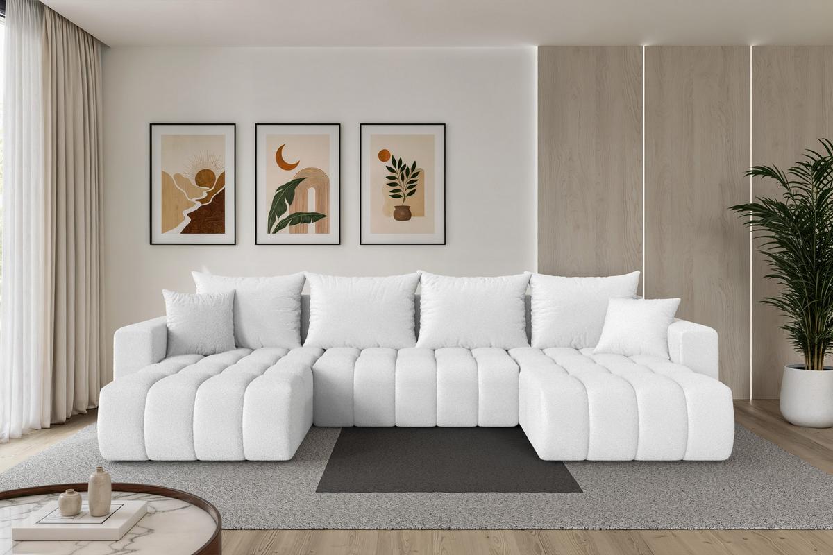 WOHNLANDSCHAFT mit Schlaffunktion und Bettkasten MILA-U-v1 378x194x86 Weiß Bouclé - Schwarz/Weiß, Holzwerkstoff/Kunststoff (378/86/194cm) - ALTDECOR
