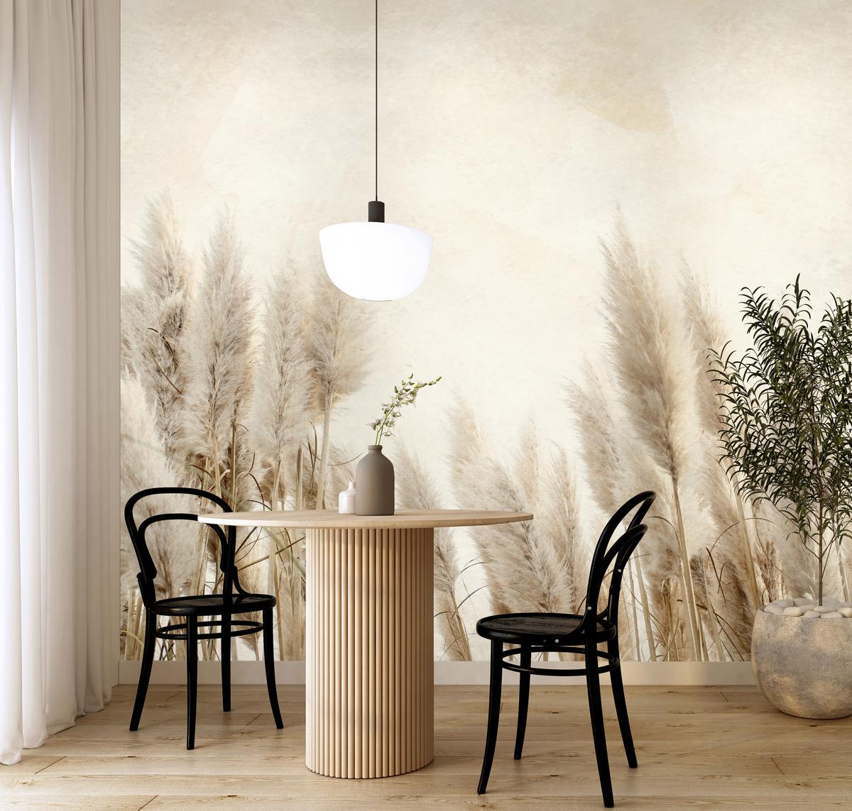 FOTOTAPETE für Schlafzimmer Boho Pampasgras Beton Pflanzen Vintage 150x105 - Beige/Braun, Papier (150/105cm) - Muralo