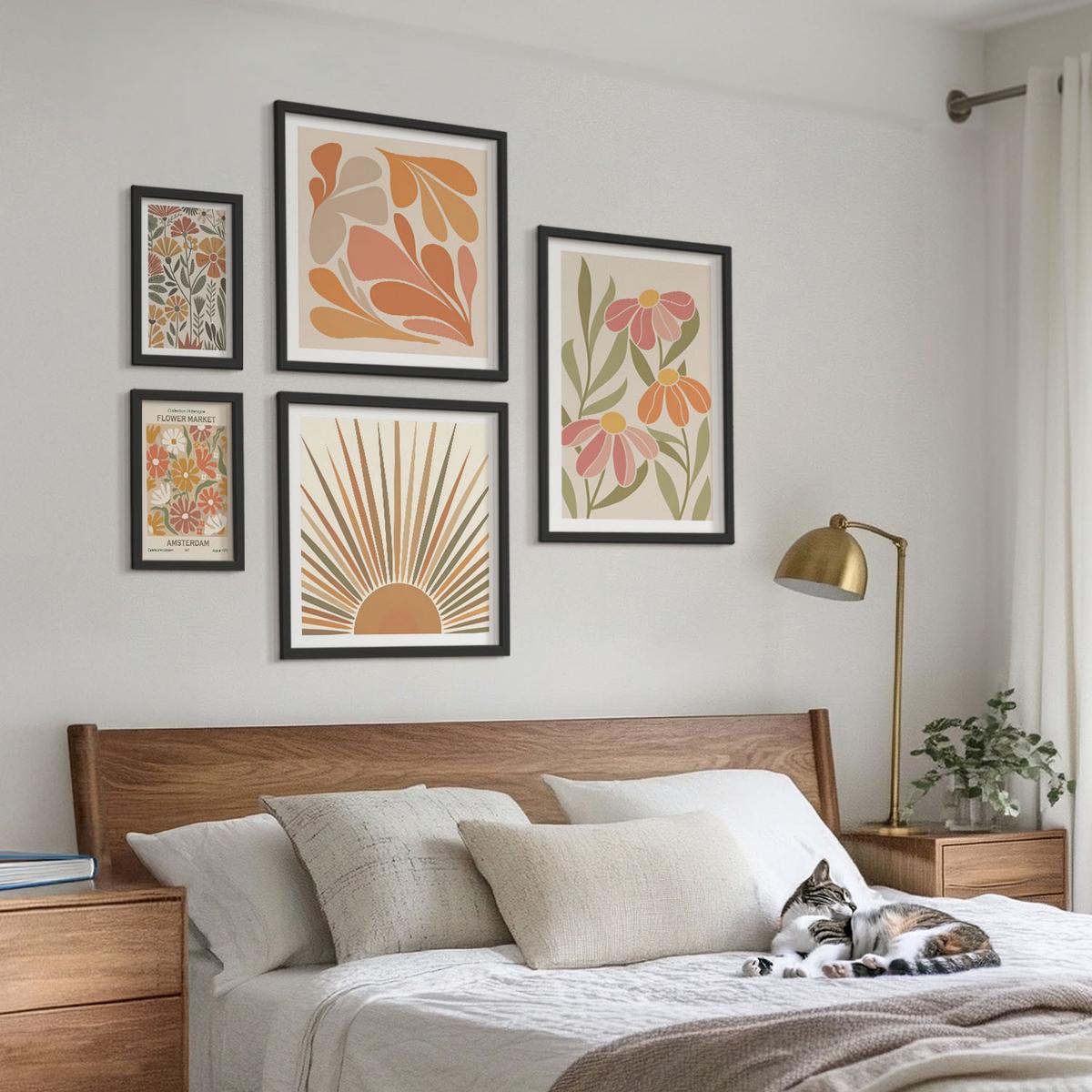 BILDER SET 5er Set - 50x50 cm & 20x30 cm & 40x60 cm Schwarzer Rahmen - Pastellfarbene Sonnenblumen - Schwarz, Kunststoff (40/60cm) - TULUP