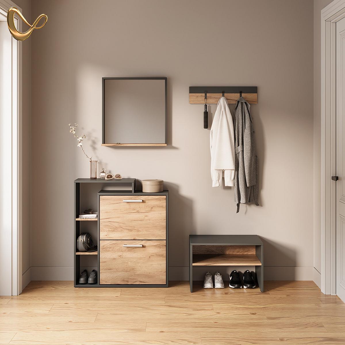 SCHUHKIPPER Ortello Goldkraft Eiche/Anthrazit 24.5 x 90 cm 2 Fächern - Honigeiche/Anthrazit, Holzwerkstoff (24.5/90/80cm) - Livinity®