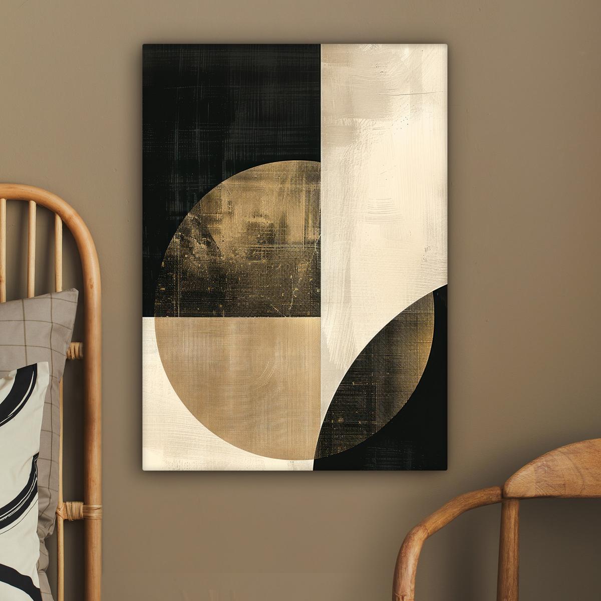LEINWANDBILD Abstrakt - Geometrische Formen - Schwarz - Gold Wandbild Wohnzimmer 60x80 cm - Ecru, Textil (60/80cm) - MuchoWow