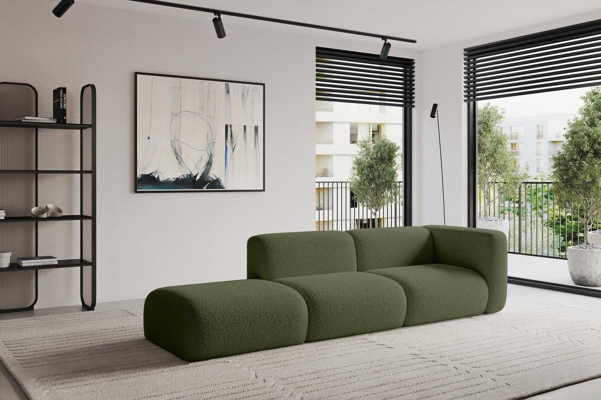 SOFA Ottomane Rechts MIRA-S3 296x89x70 Grün Bouclé - Schwarz/Olivgrün, Holzwerkstoff/Kunststoff (296/70/89cm) - ALTDECOR