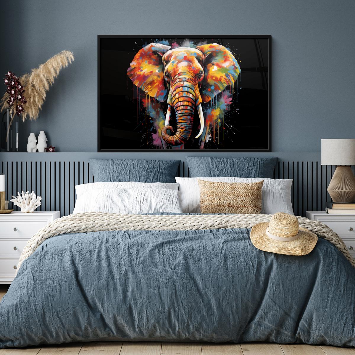 POSTER MIT RAHMENGERAHMTES BILD Elefant - Graffiti - Schwarz - Tiere - Farben 120x80 cm - Schwarz, Papier (120/80cm) - MuchoWow
