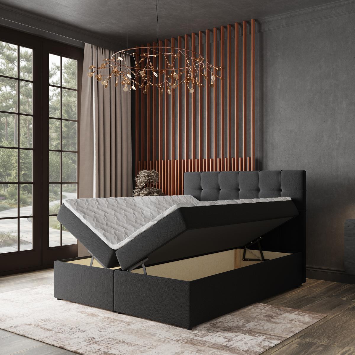 BOXBETT PALMA 160x200 cm mit Matratze und Topper, H2+H3 - Schwarz - Schwarz, Holz (160/200cm) - MASSENO