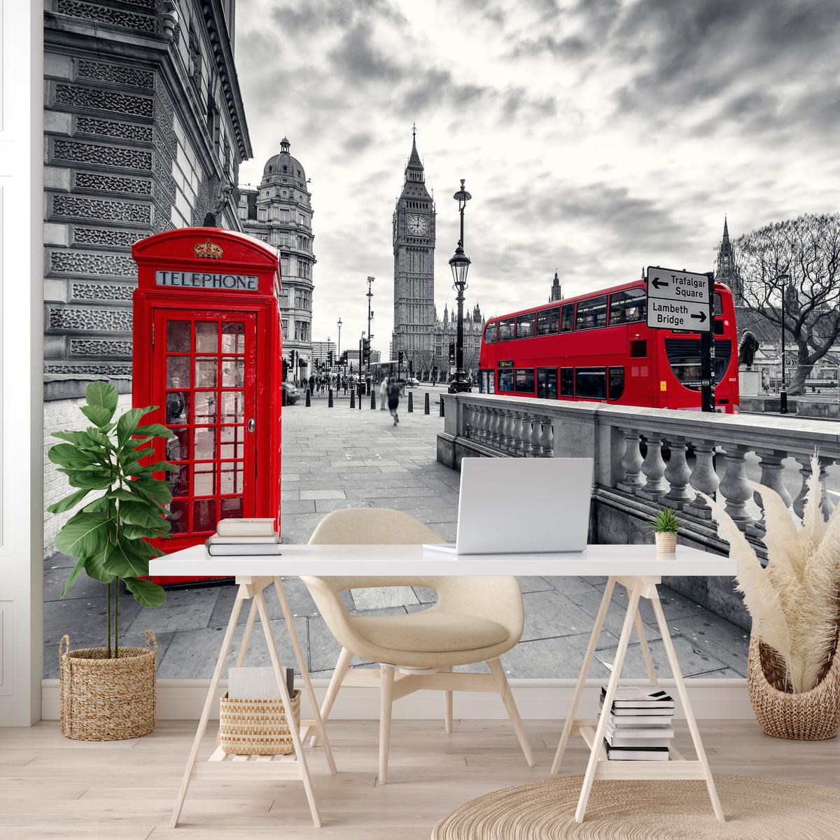 FOTOTAPETE für Wohnzimmer Rote Telefonzelle London Monument BIG BEN Bus 150x105 - Rot/Weiß, Papier (150/105cm) - Muralo